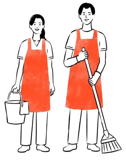 Two WinniShine cleaners with a bucket and broom