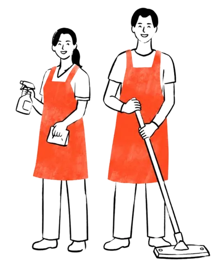 Two WinniShine cleaners in aprons with a spray bottle and mop